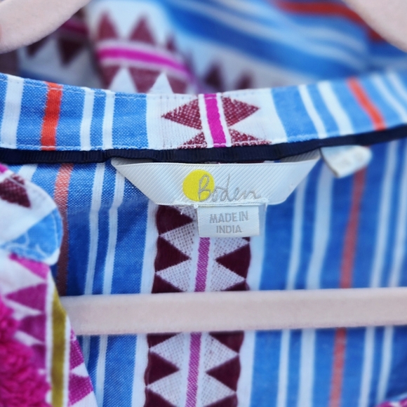 Boden Made In India V Neck Striped Dress Fringe Short Sleeve Blue Pink sz 12 - Picture 5 of 5